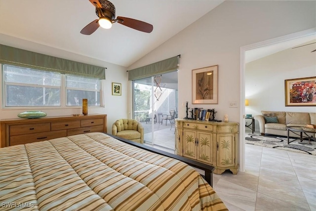 tiled bedroom with ceiling fan, access to exterior, and vaulted ceiling