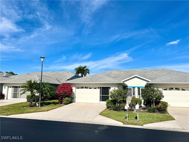 single story home featuring concrete driveway, an attached garage, a front lawn, and stucco siding