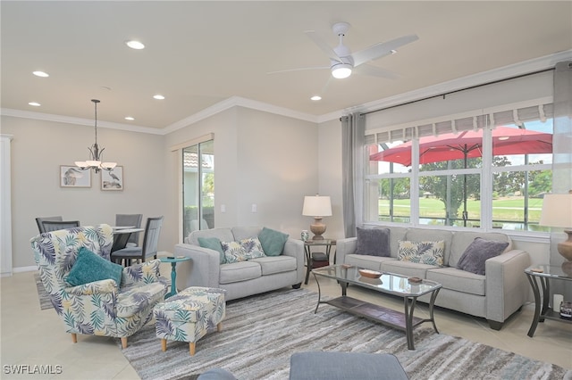 living area with light tile patterned floors, ceiling fan with notable chandelier, crown molding, and recessed lighting