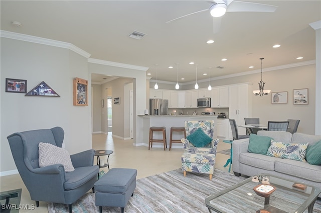 living room with recessed lighting, visible vents, baseboards, and ornamental molding