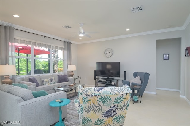 living room featuring baseboards, visible vents, crown molding, and recessed lighting