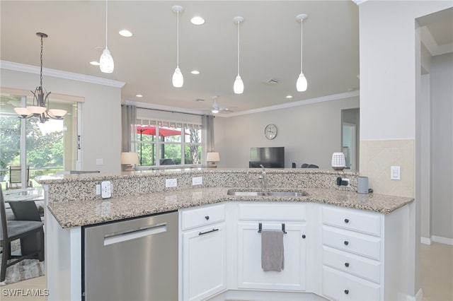 kitchen featuring crown molding, a sink, stainless steel dishwasher, and light stone countertops