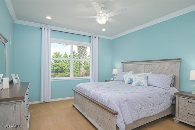 bedroom featuring recessed lighting, light carpet, a ceiling fan, baseboards, and ornamental molding