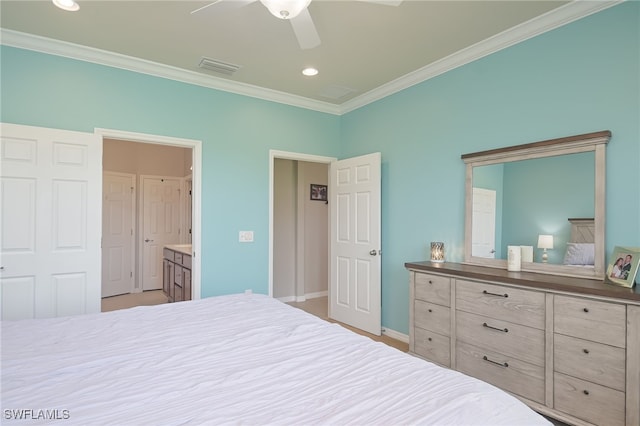 bedroom with crown molding, recessed lighting, visible vents, a ceiling fan, and baseboards