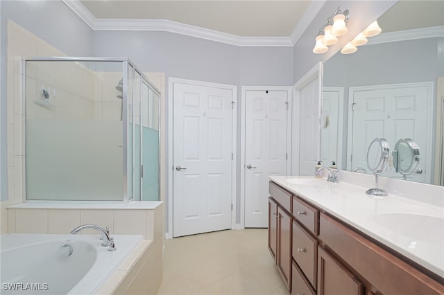 bathroom featuring a stall shower, ornamental molding, and a sink