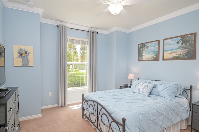 bedroom featuring a ceiling fan, light carpet, crown molding, and baseboards