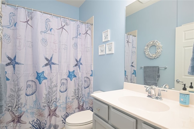 bathroom featuring vanity, toilet, and a shower with curtain