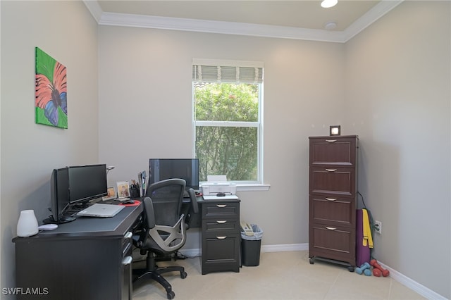 office with light tile patterned flooring, baseboards, and ornamental molding