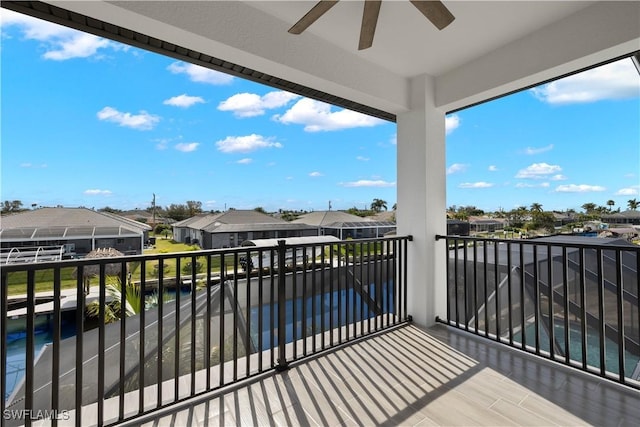 balcony featuring ceiling fan