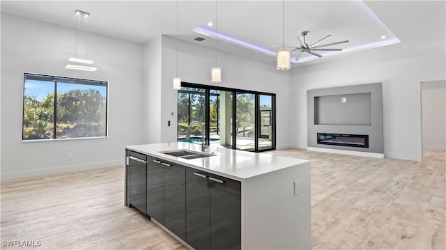 kitchen featuring pendant lighting, an island with sink, sink, a tray ceiling, and light hardwood / wood-style flooring