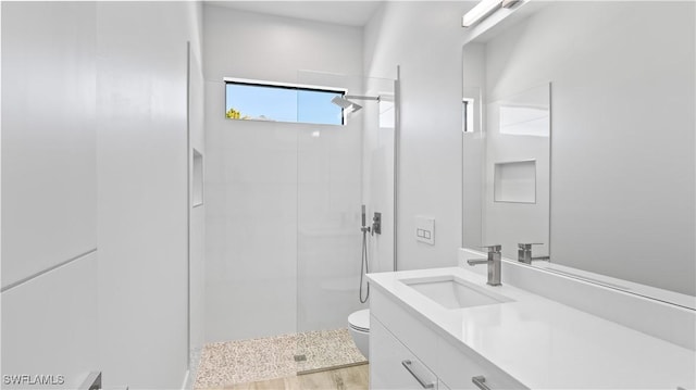 bathroom with vanity, a tile shower, and toilet