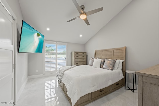 bedroom featuring ceiling fan and lofted ceiling