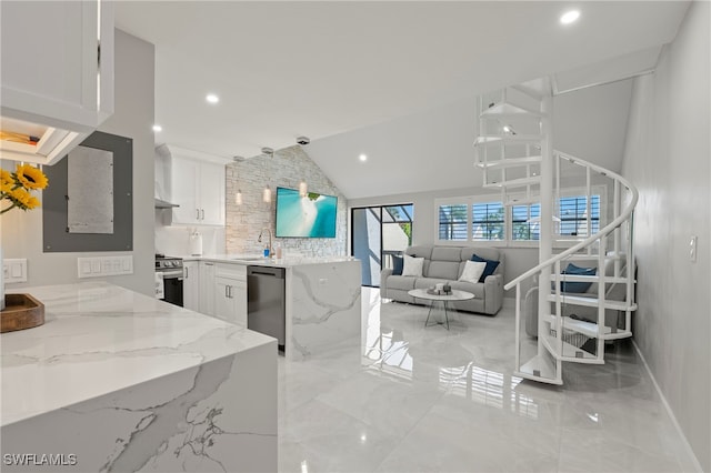 living room with sink and lofted ceiling