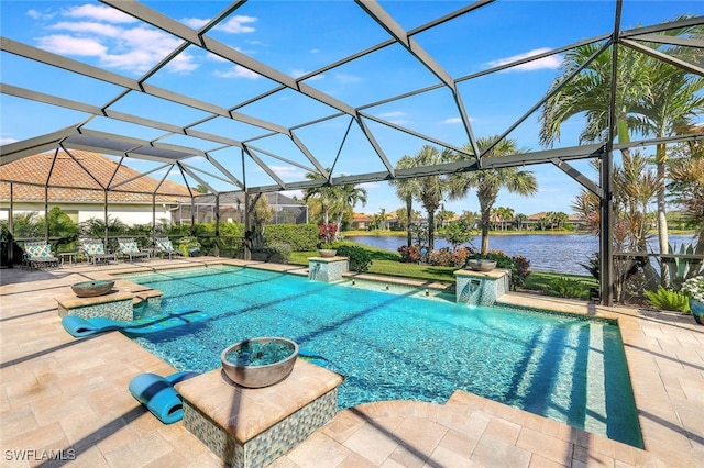 view of swimming pool with glass enclosure, pool water feature, a water view, and a patio