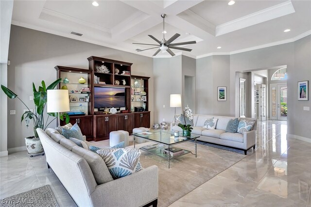 living room with beam ceiling, ceiling fan, crown molding, and coffered ceiling