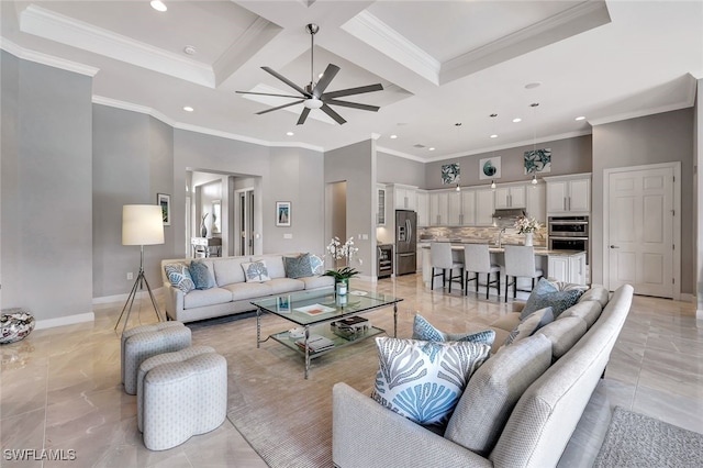 living room featuring crown molding, beamed ceiling, coffered ceiling, and ceiling fan