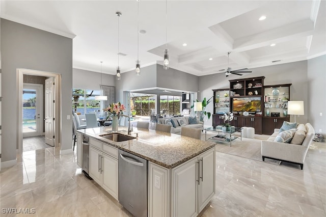 kitchen featuring dishwasher, coffered ceiling, ceiling fan, an island with sink, and light stone counters