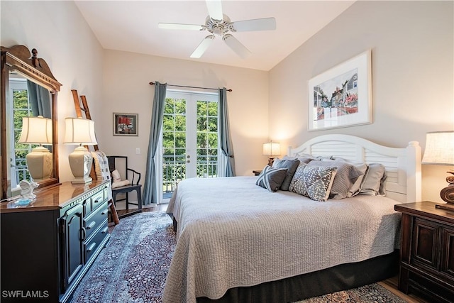 bedroom featuring wood-type flooring, access to outside, and ceiling fan