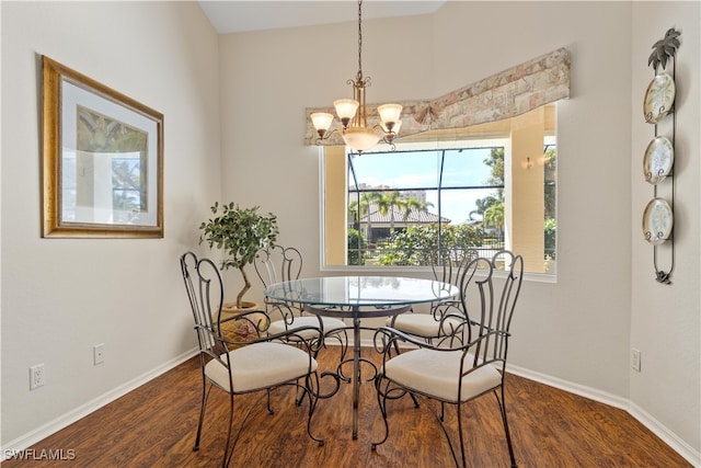 dining room with wood-type flooring and a chandelier