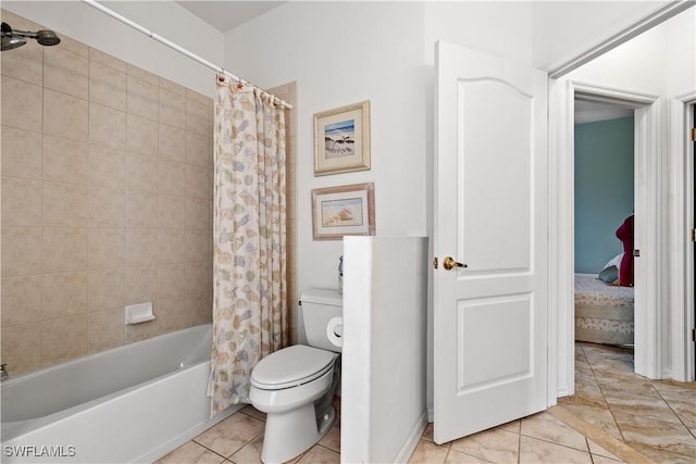 bathroom with shower / bath combo with shower curtain, tile patterned flooring, and toilet