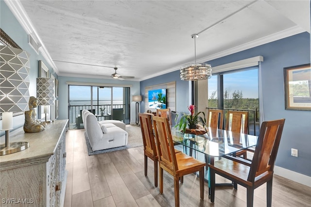 dining area featuring plenty of natural light, ceiling fan with notable chandelier, and light wood-type flooring