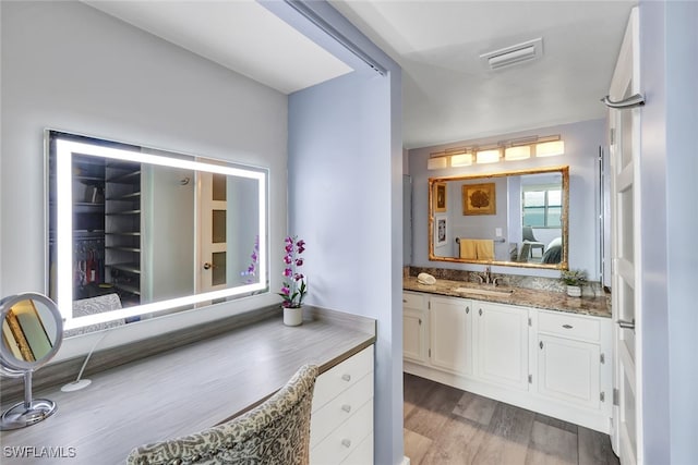 bathroom with wood-type flooring and vanity