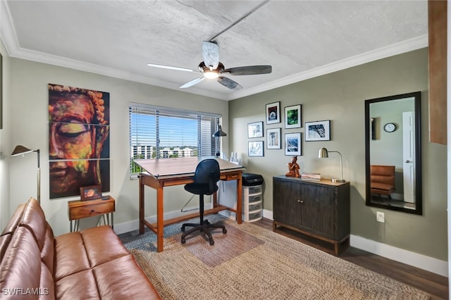 home office featuring ceiling fan, ornamental molding, dark hardwood / wood-style flooring, and a textured ceiling