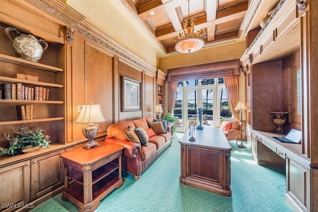 interior space featuring french doors, coffered ceiling, carpet flooring, ornamental molding, and beamed ceiling