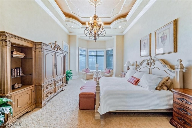 carpeted bedroom with a chandelier, a tray ceiling, and ornamental molding