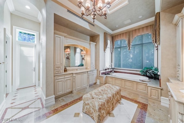 bathroom with a tub, crown molding, vanity, and an inviting chandelier