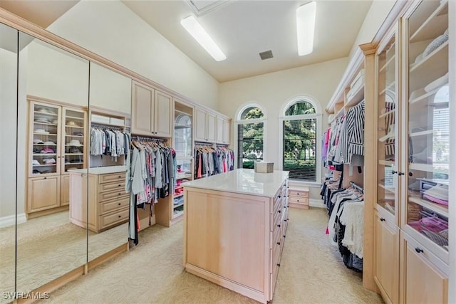 spacious closet featuring light colored carpet