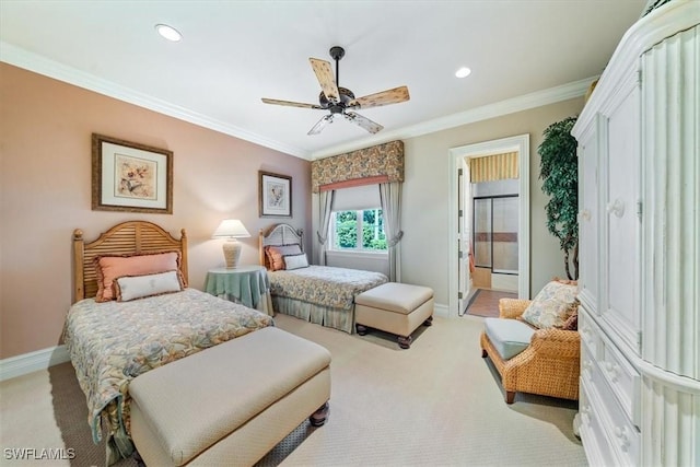 bedroom with connected bathroom, ceiling fan, crown molding, and light carpet