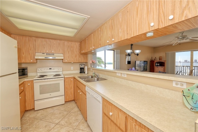 kitchen with ceiling fan, sink, decorative light fixtures, white appliances, and light tile patterned floors