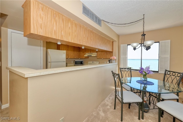 dining space featuring a textured ceiling, light colored carpet, a notable chandelier, and a water view