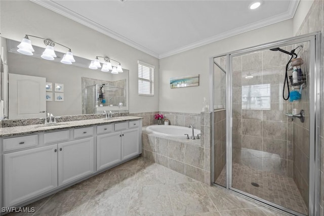 bathroom with tile patterned flooring, shower with separate bathtub, vanity, and ornamental molding