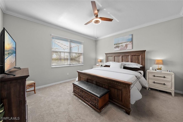 bedroom featuring ceiling fan, crown molding, and light carpet