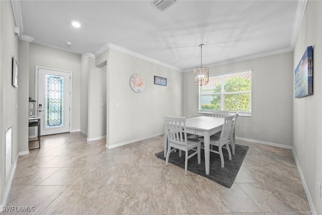 dining area with a notable chandelier and ornamental molding