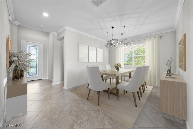 dining area featuring light tile patterned flooring, ornamental molding, and an inviting chandelier