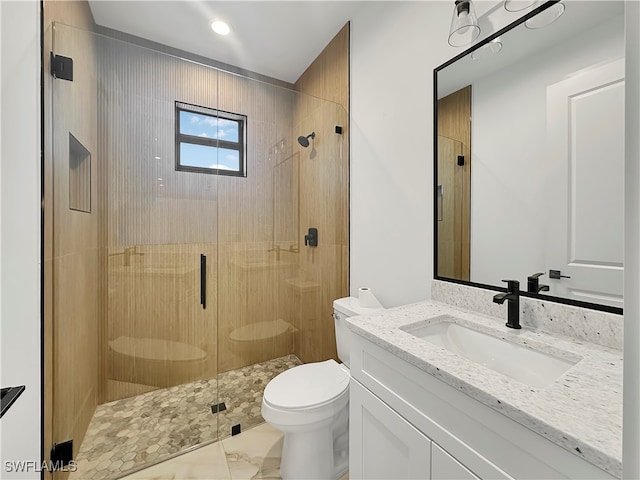 bathroom featuring vanity, toilet, and walk in shower