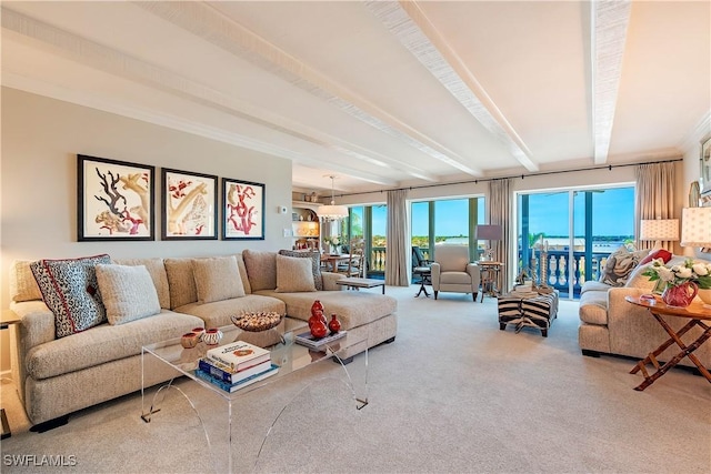 carpeted living room featuring beamed ceiling