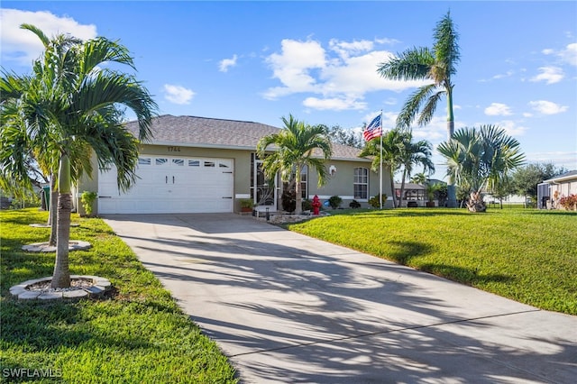 single story home with a garage and a front yard