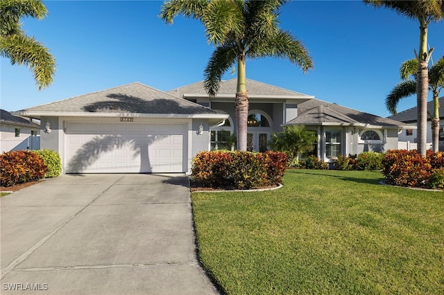 ranch-style house with a garage and a front lawn