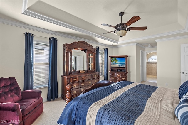 carpeted bedroom featuring ceiling fan, a raised ceiling, crown molding, and ensuite bath