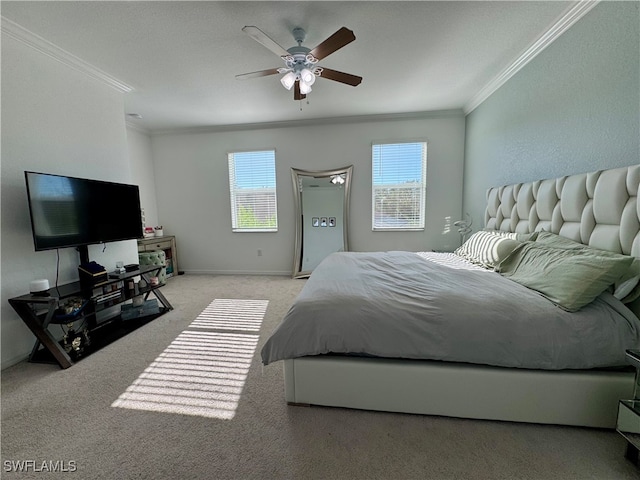 bedroom with light carpet, ceiling fan, and ornamental molding