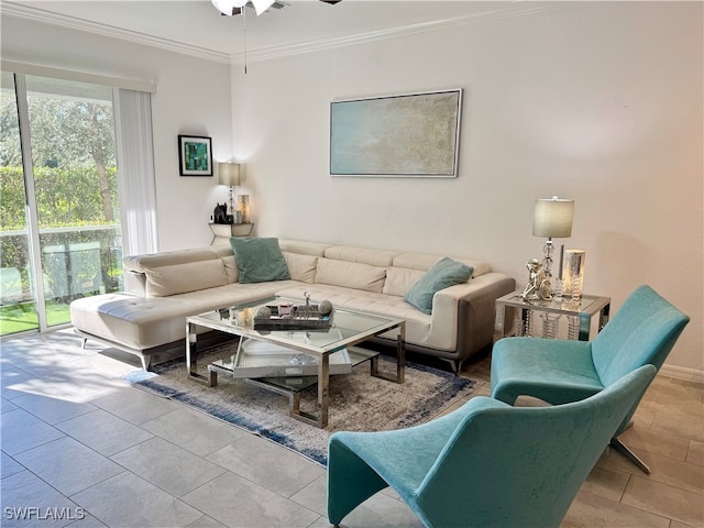 tiled living room with ceiling fan and ornamental molding