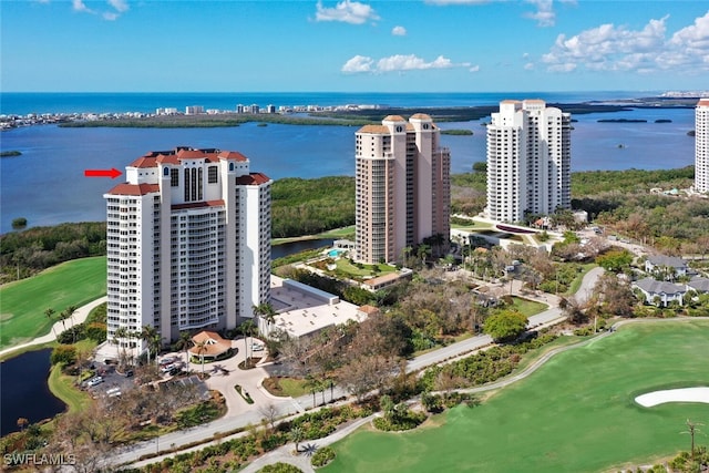 bird's eye view with a water view