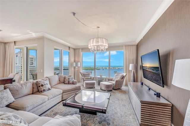 living room featuring crown molding and a notable chandelier