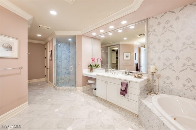 bathroom featuring crown molding, vanity, and independent shower and bath