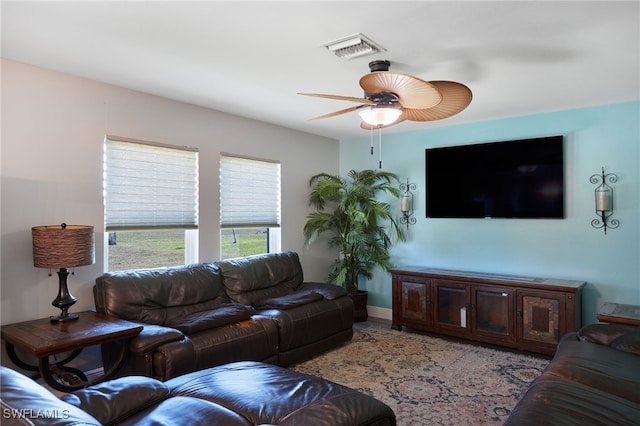 living room with ceiling fan