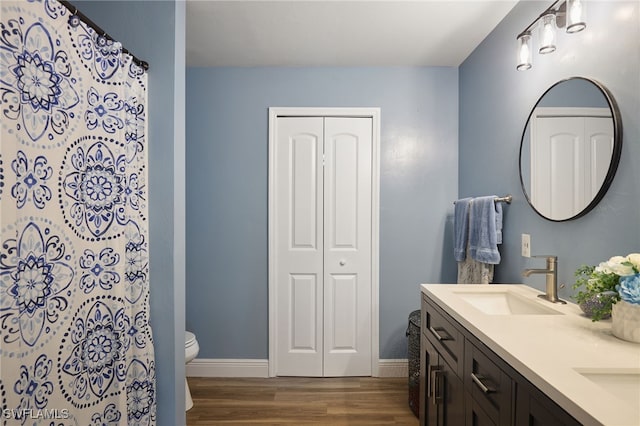 bathroom with vanity, toilet, and wood-type flooring